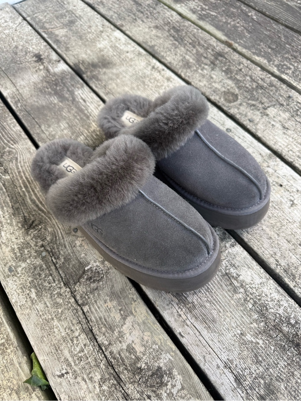 UGG Women's Charcoal Suede Shearling Clog Slippers